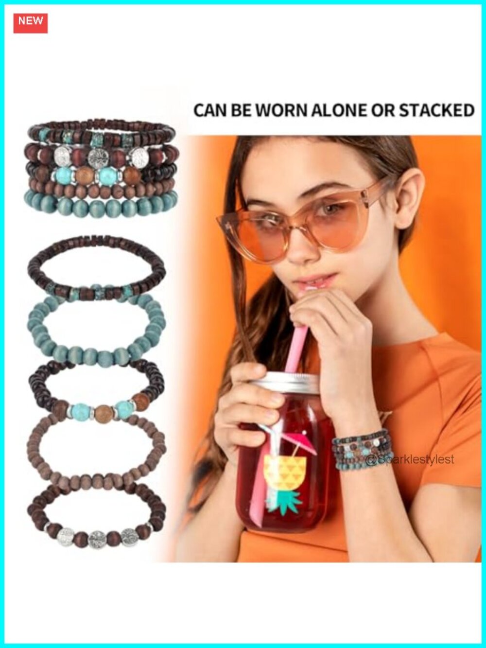 Wood Bead Stretch Bracelets Set Boho Tree Design Stackable - Picture 5 of 6
